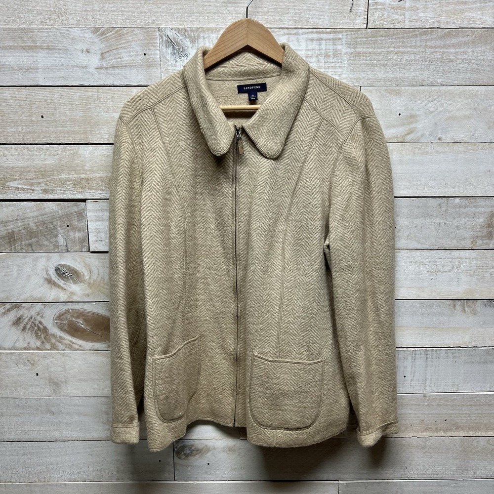 Lands‎ End Jacket Womens 16 Beige Wool Herringbone Full Zip Pockets